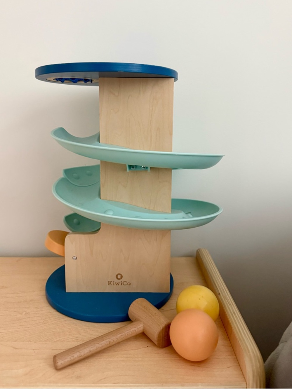 Kiwi Wooden Ball Run Tower in Blue, Mint & Orange with Yellow Balls
